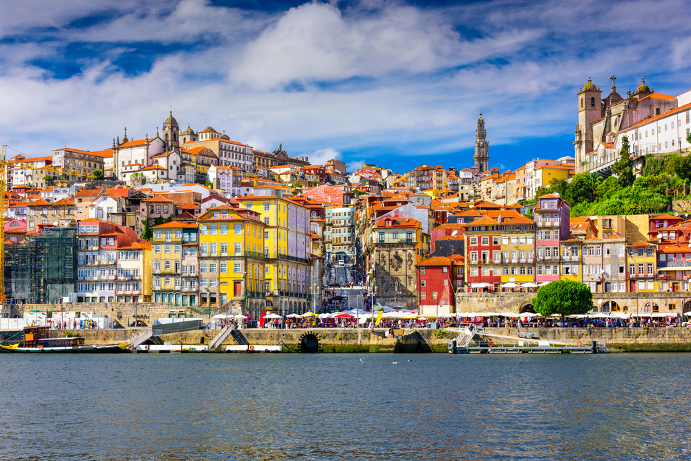 Porto, Portugal old town skyline from across the Douro River.